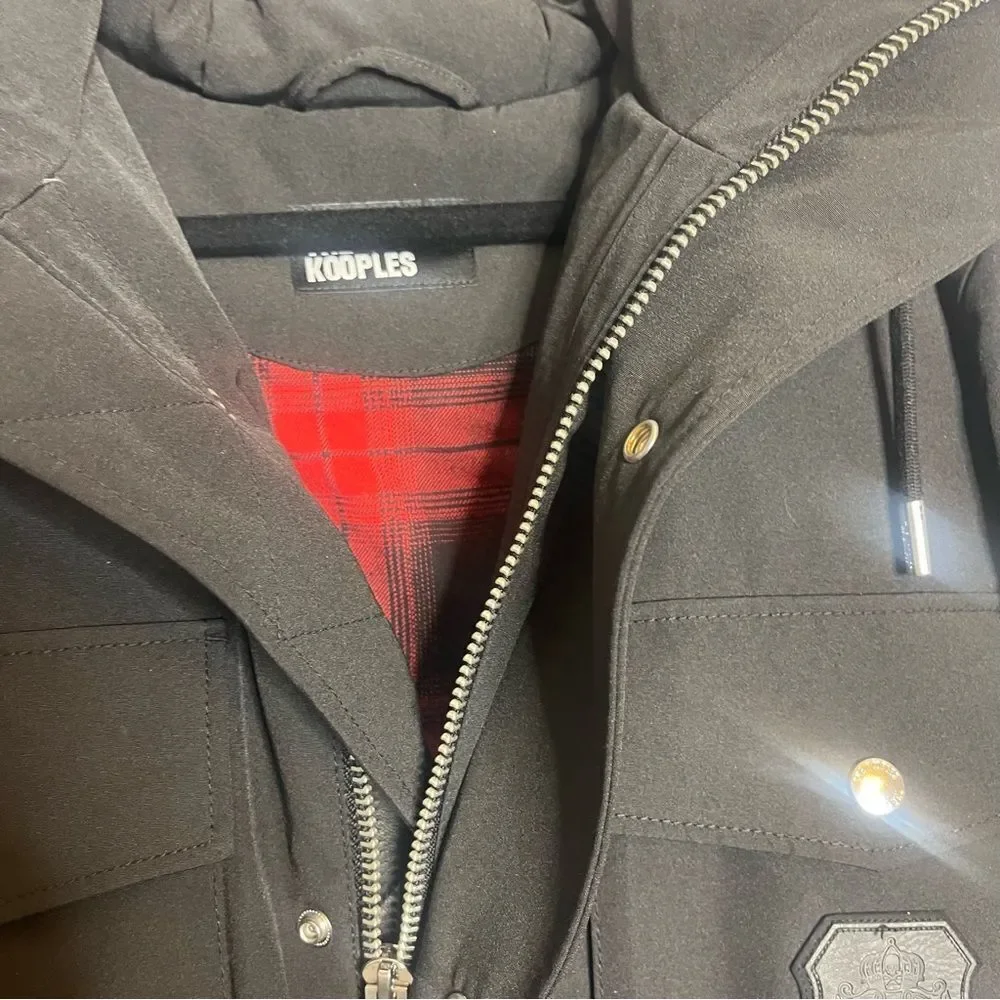 $985 The Kooples The Kooples Logo-Patch Hooded Woven Parka - Black MEN’S Medium